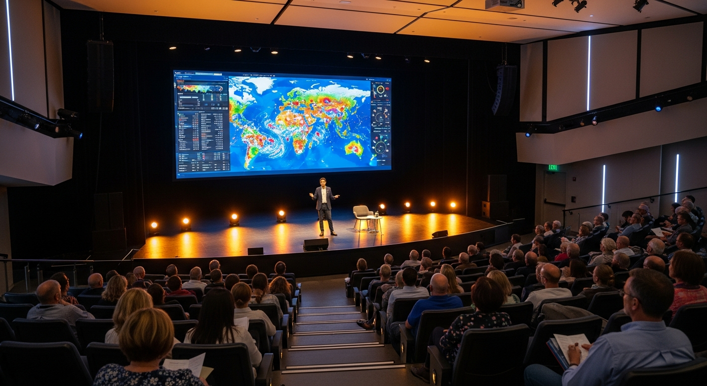 AI_IMAGE: A modern conference amphitheatre seen from a mid-row perspective — a speaker gestures toward a projected climate data map while a diverse seated audience of community members listens attentively. Warm stage lighting contrasts with cool blue projection glow. | photorealistic | landscape
