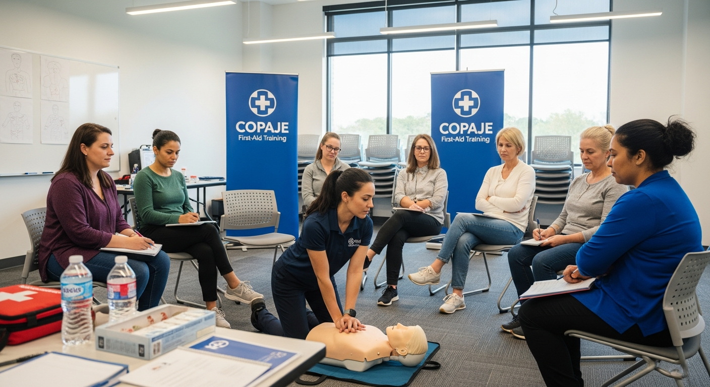 AI_IMAGE: A first-aid training session in a bright community room — an instructor demonstrates chest compressions on a CPR mannequin while a small group of attentive adult volunteers watches closely. Clean institutional lighting, blue COPAJE banners visible in background. | photorealistic | landscape