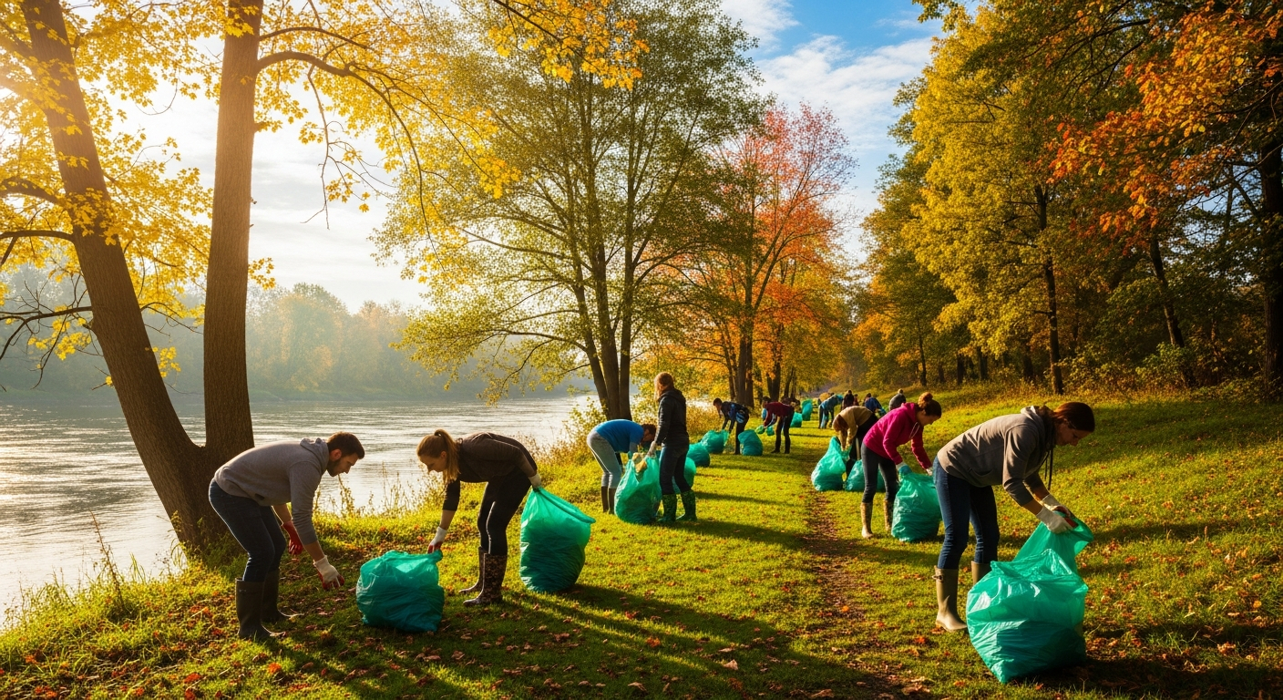 AI_IMAGE: A wide shot of a riverbank cleanup — a line of volunteers in rubber boots and gloves collecting trash along a green, sunlit river shore. Filled garbage bags dot the path. Trees frame the scene on both sides, bright autumn morning light. | photorealistic | landscape